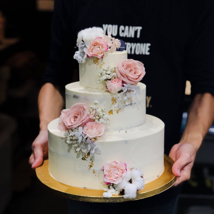 Semi Naked Cotton White Floral Cake with Dusty Pink Accents